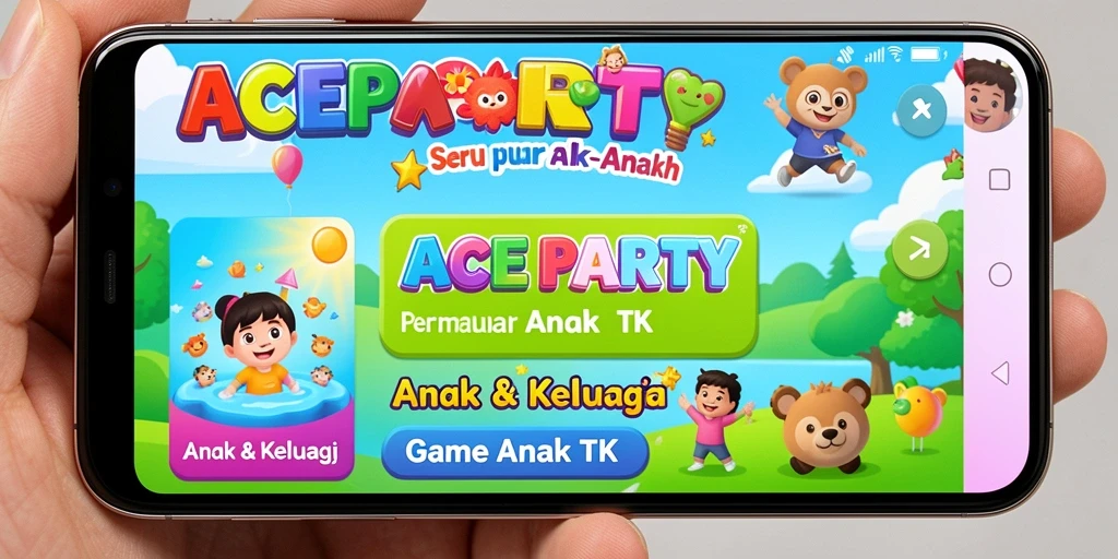 Tampilan antarmuka ACEPARTY yang cerah dan menarik untuk anak-anak.