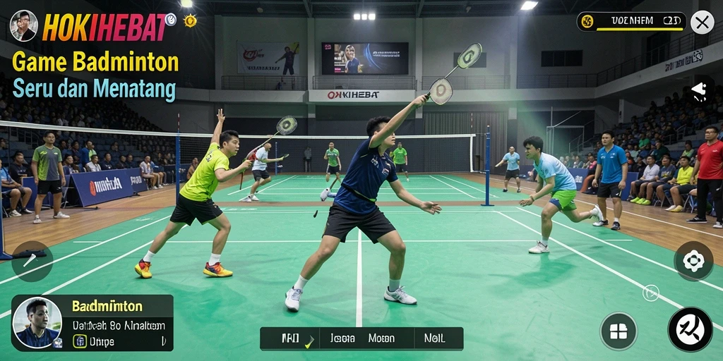 Antarmuka HOKIHEBAT menampilkan gameplay badminton yang seru dan interaktif.