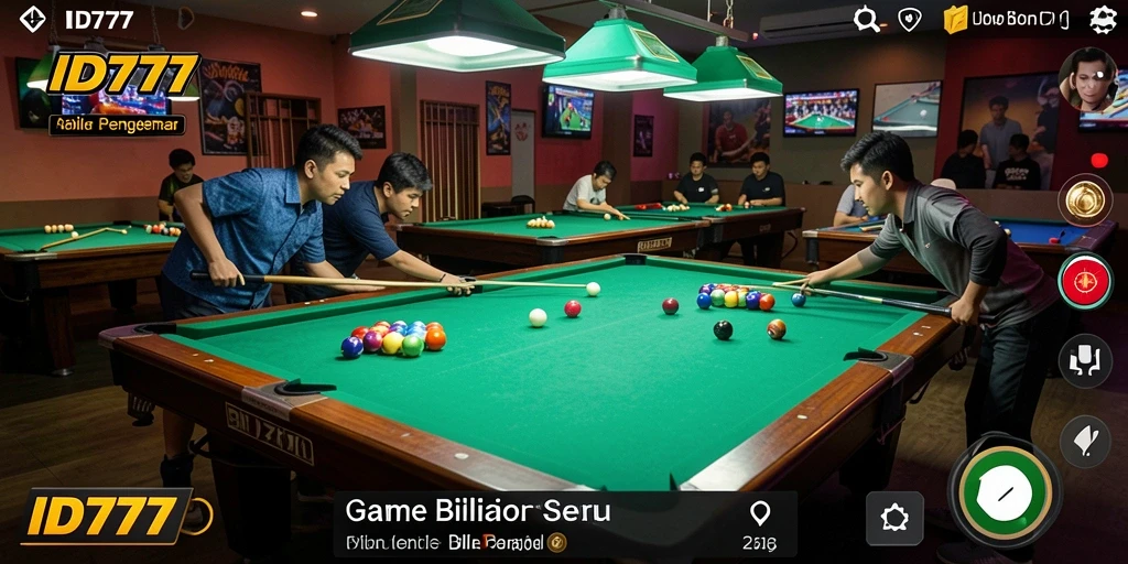 Antarmuka menarik dari game Billiard ID777 yang menampilkan meja dan bola.